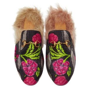 GUCCI Princetown Pink Floral Brocade Jacquard Fur Lined Loafer Slipper Mules